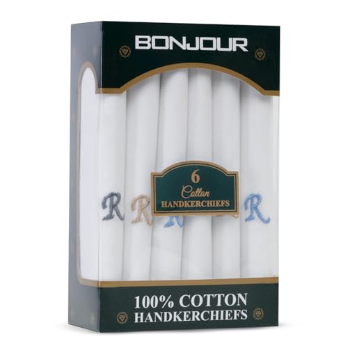 Image of Bonjour Men's White Cotton Handkerchief With Alphabet (A to Z) Initial (Pack of 6)