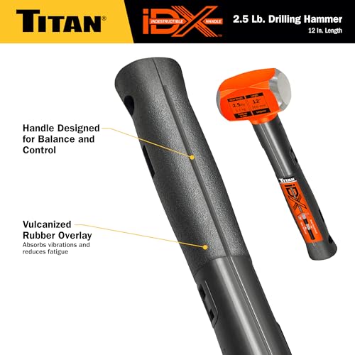 Image of Titan iDX 63612 2.5lb Drilling Hammer, Sledgehammer with 12 inch Indestructible Handle Reinforced with Steel Locking Plates & Steel Bars, Vulcanized Rubber Grip, Overtstrike Protection