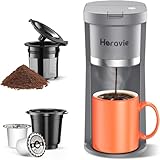 Small Single Serve Coffee Maker, Fast Brew One Cup Coffee Machine for K Cup and Grounds, 6 to 12 oz. Brew Sizes, Capsule Coffee Machine with Descaling Reminder and Viewing Tank, Grey