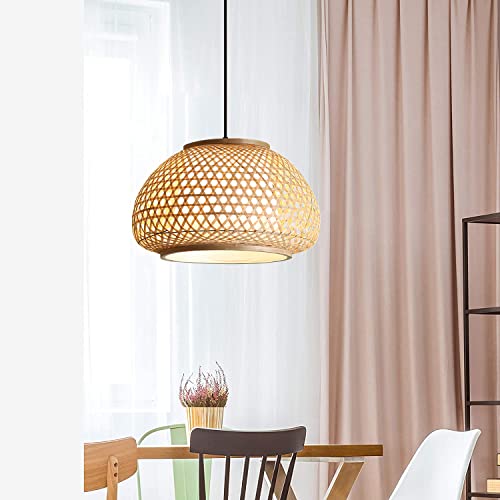 KWOKING Lighting Handmade Flush Mount Ceiling Light Retro Bamboo Dome Shade Pendant Light 1 Light Woven Hanging Lamp for Dining Table,Restaurant - 15.75" - Image 5