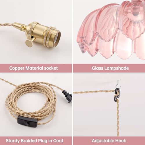 Image of Shenmoyl Plug in Pendant Light Hanging Light Fixtures with Plugin Cord On /Off Switch,Pink Scindapsus Glass Lampshade Brass Pendant Light