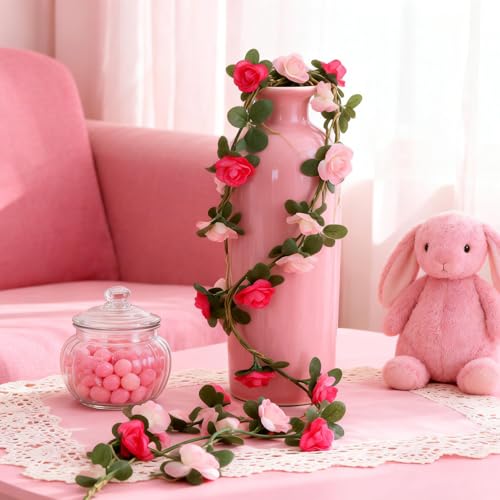 2 Stück 2.5m blumengirlande blumengirlande künstlich 45 Köpfe Rosen rosengirlande in Doppelrosa blumengirlandes für Frühlingdeko Girlande frühling & frühlingsgirlande für Hochzeit Balkon & Zuhause