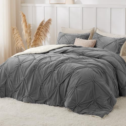 Image of BEDELITE Fluffy Sherpa Queen Comforter Set,Pintuck-Grey | Super Soft & Warm Fleece Bedding, Luxury Fuzzy Comforter for Winter, Heavy Plush Bedding Set,2 Pillowcases