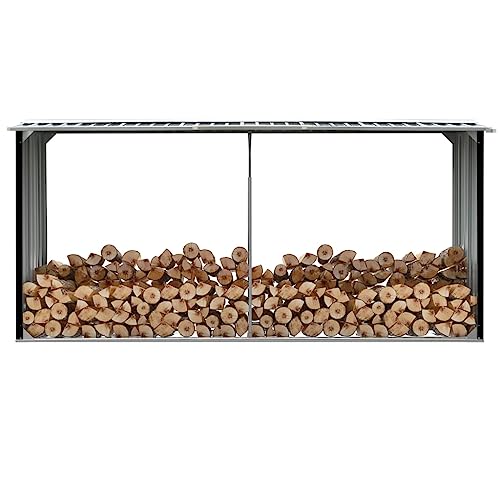 HOMTAKIE - Cobertizo para almacenamiento de madera, acero galvanizado, 330 x 92 x 153 cm, color gris