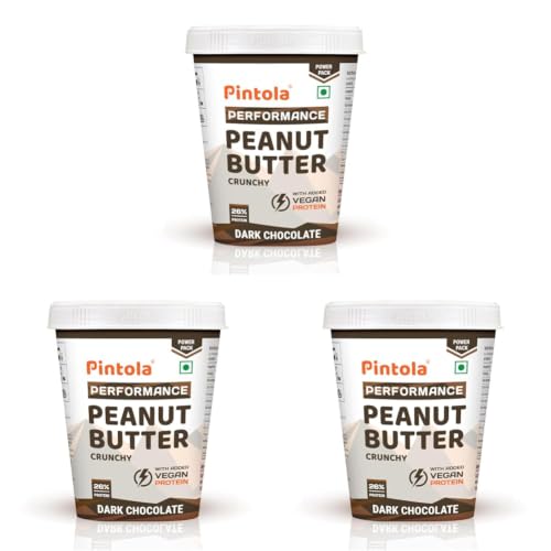Image of Pintola Dark Chocolate Performance Series Peanut Butter (Crunchy) - 1kg | Vegan Protein | 26% Protein | High Protein & Source of Fiber (Pack of 3)