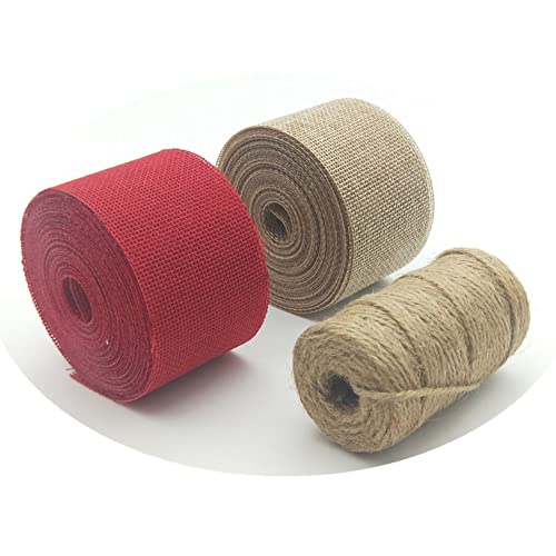 2 Rolls Burlap Ribbon Set, 21.87 Yards 2 inch Wide Burlap Weave Ribbon for Craft Wreaths Wrapping Bows Christmas Tree (Red+Natural+Jute Twine)