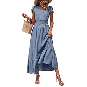 PRETTYGARDEN Womens Dresses 2025 Summer Maxi Dress Boho Short Sleeve V Neck Swiss Dot Ruffle Tiered Smocked Flowy Long Dress
