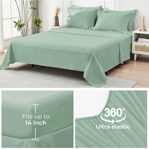 Image of HYMOKEGE Sage Green Oversized King Comforter Set Seersucker 7 Pieces, All Season Luxury Bed in a Bag for Bedroom, Bedding Set with Comforter, Sheets, Pillowcases & Shams