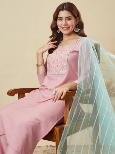 Image of MOKOSH Women's Silk Blend Kurta Pant with Dupatta | Kurta Set | Embroidery | Indian Kurta Outfit With Pant | Ethnic Kurta | 3 Piece Outfit