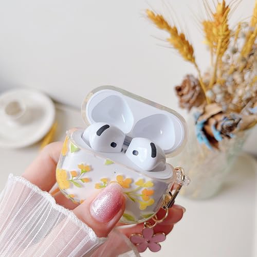 Image of MINSCOSE for AirPods 4 Clear Case,Cute Colorful Flower Pattern Design with Girly Floral Keychain,Soft Silicone Protective Shockproof Cover with Cleaner Kit for Girls Women-Yellow