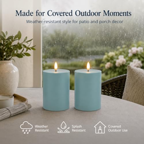 Image of ANGELLOONG Blue Battery Operated Pillar Candles, 3 x 4 Inch, Set of 2 | Blue Flameless LED Candles, 6-Hour Timer, Waterproof Table Decor for Patio, Porch and Centerpieces