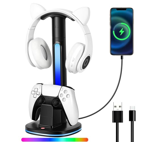 Image of PS5 Controller Charging Dock with RGB Headphone Stand | 2-in-1 Dual USB Fast Charging Station for PS5 Controllers | RGB LED Gaming Headset Stand & Multi-Functional Gaming Accessories