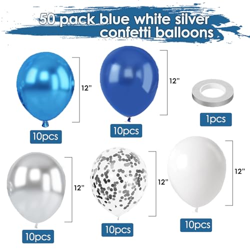 Image of Blue White Silver Confetti Balloons - 50pcs 12 inch Metallic Blue Silver and Clear White Confetti Latex Balloons for Graduation Father's Day Birthday Wedding Anniversary Bridal Shower Party Decorations