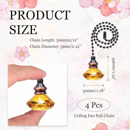 Image of MECCANIXITY 4Pack Ceiling Fan Pull Chain, 12 Inch Decorative Ornaments Diamond Pendant Pull Chain Extension for Ceiling Fans Light Lamp, Amber