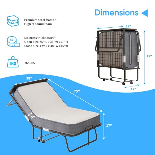 Mjkone Folding Bed with Mattress, 75\" x 38\" Rollaway Bed for Adults with Headborad & Dustproof Bag, 5 Inch Fold Up Bed for Guests with Lockable Wheel, Roll Away Beds for Bedroom/Guest - Thumbnail 3
