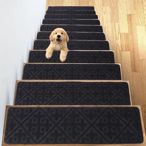 GOFOWRK 15Pcs Stair Treads Pads Non Slip, 20.3 × 76 cm Washable and Reusable Self-Adhesive Stair Carpet Treads, Indoor Anti Slip Stair Treads Carpet, Safe for Kids, Seniors, and Pets (Gray)