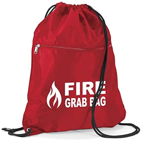 School Evacuation Fire Grab Bag with Flame Logo Graphic - Printed Red Emergency Documents Drawstring Sack Bag Cover