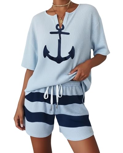 Ninimour Womens Pajama Set 2 Piece Lounge Set Short Sleeve Tops and Shorts Pocket-bl-M