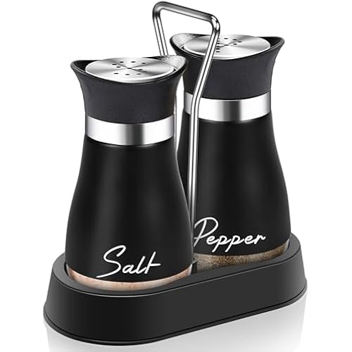 Black Salt and Pepper Shakers Set with Holder,4 oz kitchen accessories and decor for Restaurant, Wedding, Housewarming Gifts Refillable Design (Black)