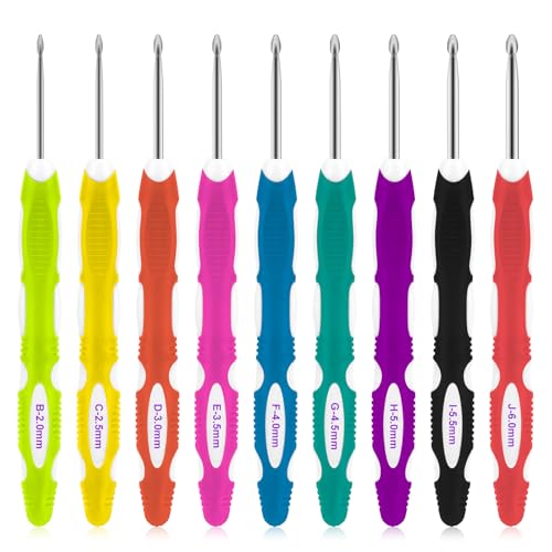 9 Stück Häkelnadeln Set, Ergonomische Häkelnadel, 2,0mm-6,0mm Häkelset, Soft Gummi Häckelnadel Crochet Set, Stricknadeln mit Ergonomische Griff Für Anfänger Und Erfahrene Häkelliebhaber
