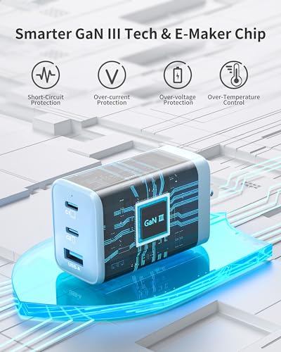 Image of 65W GaN Charger, Fast Charger Block compatible with MacBook Pro /Air, iPhone 17 /16, Samsung S24 /S23, iPad, Switch, etc. 3-Port USB-C Wall Charger for Multiple Devices on Work /Travel /Home(Blue)