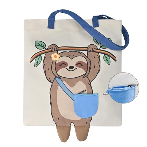 COSHAYSOO Lazy Sloth Tote Bag Cute Dangle Legs Aesthetic Shoulder Bag for Women Canvas Tote Bag Reusable Grocery Bags Nylon Shopping Bag with Internal Pocket & Magnetic Closure Casual