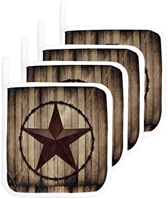 Pot Holder Set of 4 Western Farm Star Texas Art Potholder Heat Proof Non-Slip Pot Holders,Vintage Farmhouse Wooden Board Hot Pads Potholders for Kitchen Cooking Baking BBQ