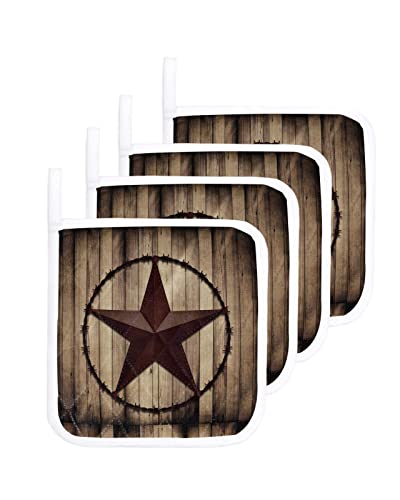 Pot Holder Set Of 4 Western Farm Star Texas Art Potholder Heat Proof Non-Slip Pot Holders,Vintage Farmhouse Wooden Board Hot Pads Potholders For Kitchen Cooking Baking Bbq #TOP5