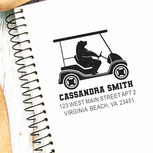 Image of Custom Made Pre Inked Address Stamp Bear Golf Cart - for Shipping Labels | Choice of 5 ink colors. Custom Inked Rubber Stamp. Pet Family Golf Address Stamp. Engraved after you order. Oil-based ink.