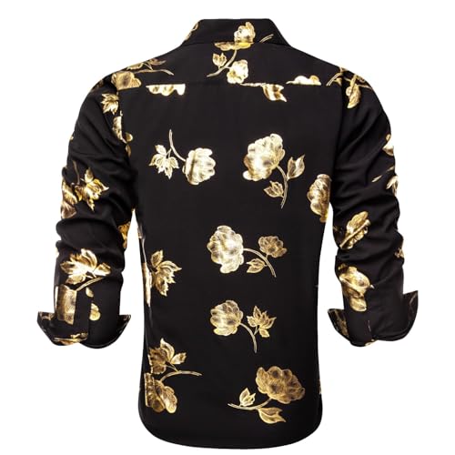 Hi-Tie Mens Hipstar Gold Paisely Floral 3D Printed Dress Shirts Shiny Long Sleeve Button Down Party Disco Performing4