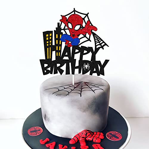Spider Birthday Cake Topper Spider Cartoon Movie Themed Happy Birthday Cake Decorations For Men Boy Children Bday Party Supplies Double Sided Glitter Black Décor #TOP5