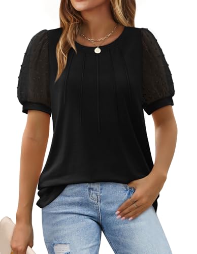 Aokosor Tops for Women Summer T Shirts Ladies Pleated Front Shirt Puff Sleeve Summer Tee Black Size 14-16
