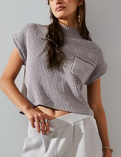 Image of Himosyber Women's Solid Sleeveless Vest Mock Neck Cap Sleeve Knitwear Sweater Tops