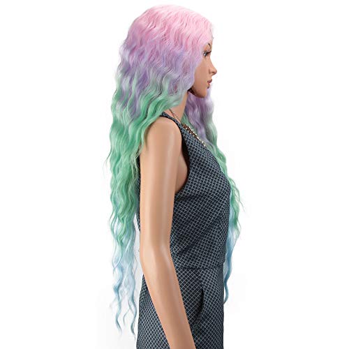Joedir Lace Front Wigs 30'' Long Wavy Synthetic Wigs For Black Women 130% Density Ombre Rainbow Wigs With Baby Hair(Qt Pkbl07) #TOP3