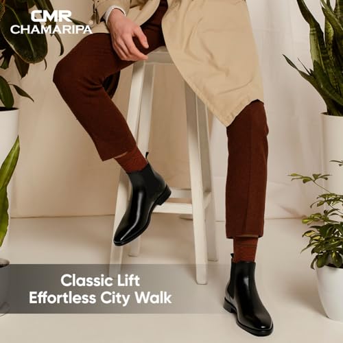 CHAMARIPA Men's Invisible Height Increasing Shoes - Leather Elevator Chelsea Shoes for Man,2-3 inches Taller.3