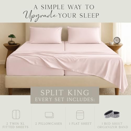 Image of KARISSA MAE Luxury Bamboo Viscose Split King Size Sheet Set, FSC Certified | Includes 2 Twin XL Fitted Sheets | Sleep Number & Adjustable Bed | Cooling | 18 inch Deep Pocket w / Corner Straps [Pink Peony]