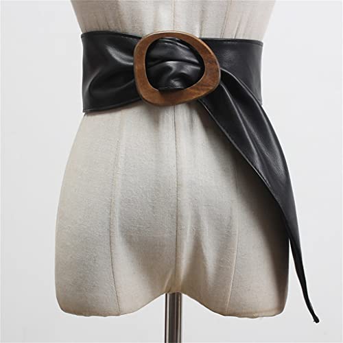 Wyfdp Vintage Wood Buckle Ladies With Dress Blazer Faux Leather Corset Wide Waist Belt (Color : Black, Size : 105Cm) #TOP9