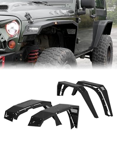 ROADER JK Flat Front Rear Fender Flares Fit for 2007-2018 Jeep Wrangler JK 2 Door, Front Steel Wheel Fender Flare Liner w/Turn Signal Light,Textured Black Bolt-on Wheel Flare,not for 4D