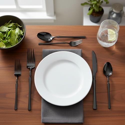 Image of 15 Pcs Black Cutlery Set for Dining Table the Perfect Lightweight Silim Handle Tableware Including Dinner Spoon, Dinner Fork, Dinner Knife, Dessert Spoon & Dessert Fork