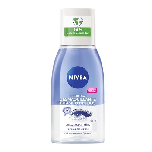 NIVEA Desmaquillante Facial Bifásico de Ojos (125 ml) - Elimina la máscara de pestañas y el maquillaje a prueba de Agua, Enriquecido con Biotina para Cuidar Tus Pestañas