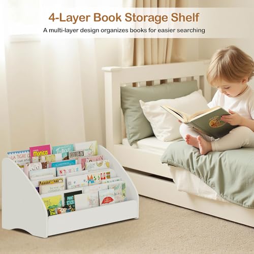 Image of Lkeiyay 4-Tier Small Wooden Kids Bookshelf for Toddlers, White Space-Saving Book Storage Organizer, Children's Book Rack for Nursery & Kids Room
