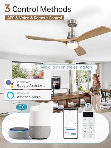 Image of Sofucor 52 Inch Smart Wood Ceiling Fans with Lights, APP /Remote Control | Modern, Alexa Control, Reversible DC Motor, 3CCT Dimmable, Indoor /Outdoor /Bedroom /Living Room /Patio, Silver+Natural Wood