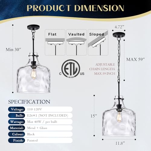 Image of 12 inch Black Farmhouse Pendant Light, Clear Hammered Glass, E26 Hanging Light | Hand-blown hammered glass pendant light with adjustable chain, E26 socket, ideal for kitchen islands and dining rooms