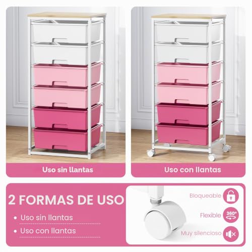 Miniatura 6 de Carro Con Ruedas De 6 Cajones Con Tablero De Madera - Fuerte Contenedor Con Ruedas De Plástico, Carrito De Almacenamiento Móvil Para Oficina, Habitación Infantil Y Sala De Manualidades - Carrito De