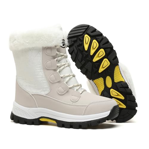 Womens Snow Boots Winter Waterproof Warm Fur Lined Mid Calf Booties Comfortable Outdoor Anti-Slip Ankle Boots Walking Winter Shoes