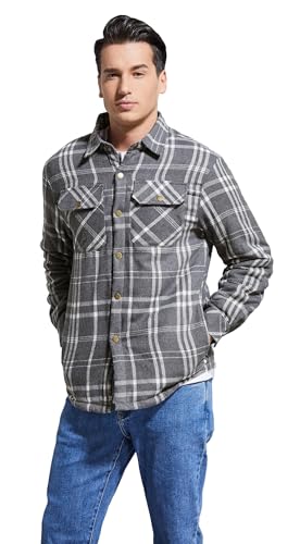 Image of Men's Sherpa Cotton Flannel Shirt Jacket Plaid Button Coat Pocket