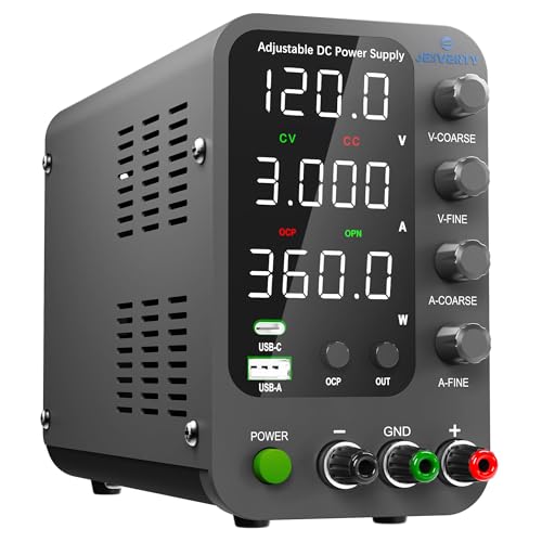Jesverty DC Power Supply Variable, 0-120V 0-3A Switching Bench Power Supply with 20W USB & Type-C Quick-Charge, Encoder Corase & Fine Adjustment Knob, Output Switch, 4-Digit LED Display - SPS-12003V