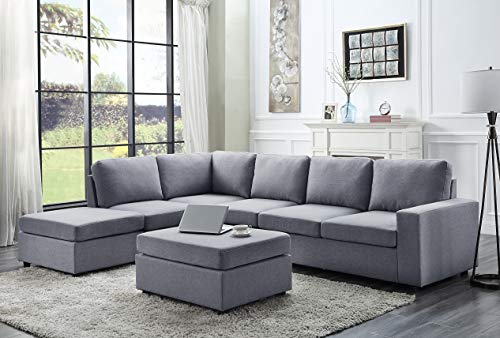 Lilola Home Cassia 120-inch Light Gray Linen Modular Sectional Sofa with Ottoman — Reversible 7-Seat Configuration, Pocket Coil Seating, Foam Cushions, and Space-Saving for Modern Living Rooms