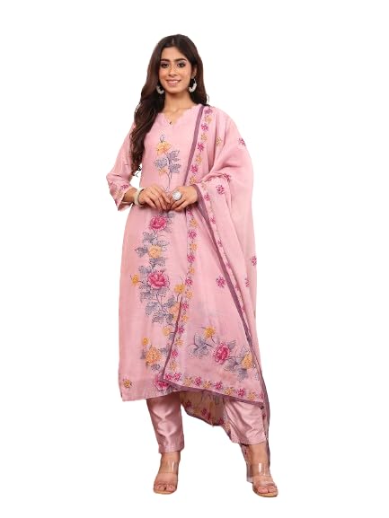Varanga Women Pure Mauve Kantha Hand Embroidered Kurta Set With Dupatta