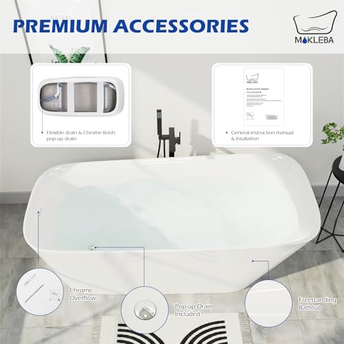 Image of 59 inch Acrylic Freestanding Bathtub, Single Slipper Free Standing Tub, Soaking Tub with Integrated Slotted Overflow, Toe-Tap Chrome Drain, cUPC Certified, Glossy White